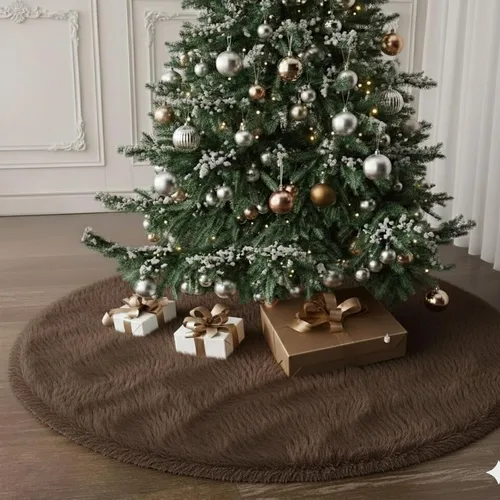 Vista 18 de Faldones de Felpa para Árbol de Navidad, 24 pulgadas, Lujosa Cubierta de Base de Árbol de Navidad de Piel Sintética Negra con Copos de Nieve Dorados