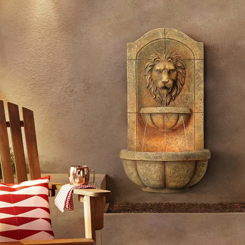 Vista 11 de Fuente de pared de león real de 31.5 pulgadas de alto, gran decoración rústica para interiores y exteriores, de bronce, con luz LED, estatua
