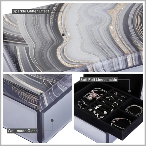 Vista 4 de Timetrace Joyero grande de cristal, caja decorativa, caja de recuerdo, decoración de mármol, organizador de joyas, decoración glamorosa