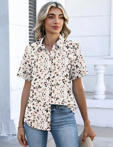 Vista 4 de Zeagoo Camisas con botones para mujer, de manga corta, cuello en V, elegantes y casuales