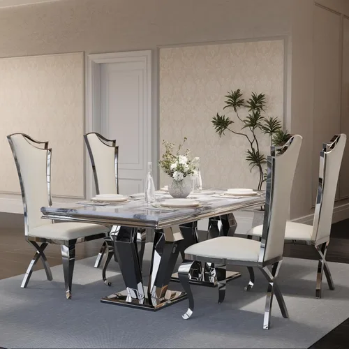 Vista 2 de ACEDÉCOR Juego de mesa de comedor para 4, mesa de comedor rectangular de 78 pulgadas con parte superior texturizada gris y base geométrica plateada