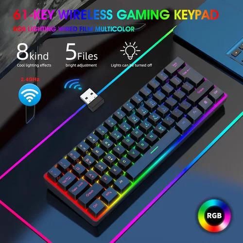 Vista 7 de ASHATA 60% Wireless Mechanical Keyboard, 2.4G Gaming Keyboard RGB Backlit 61 Keys Rechargeable, Supports Sleep Mode, Ergonomic Comfort, for PC Laptop