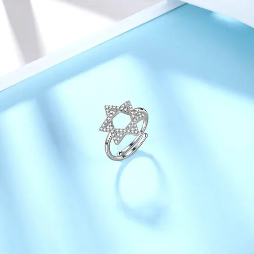 Vista 3 de Jewmon Anillo ajustable de estrella de David judía para mujer, plata de ley 925, circonita cúbica, estrella de David, anillo judío abierto, amuleto