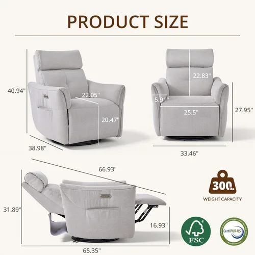 Vista 3 de Mecedora eléctrica para guardería reclinable con reposacabezas Vajilla Gris