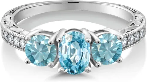 Vista 7 de Gem Stone King Anillo de compromiso de 3 piedras preciosas de oro blanco de 10 quilates con piedra natal y diamantes cultivados en laboratorio