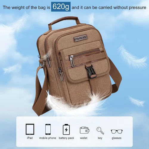 Vista 5 de WITZMAN Bolso cruzado para hombre, bolso de mensajero de lona, bolso vintage para hombre, bolso pequeño casual para el trabajo y viajes, Marrón