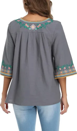 Vista 7 de YZXDORWJ Blusa campesina mexicana bordada con cuello en V para mujer