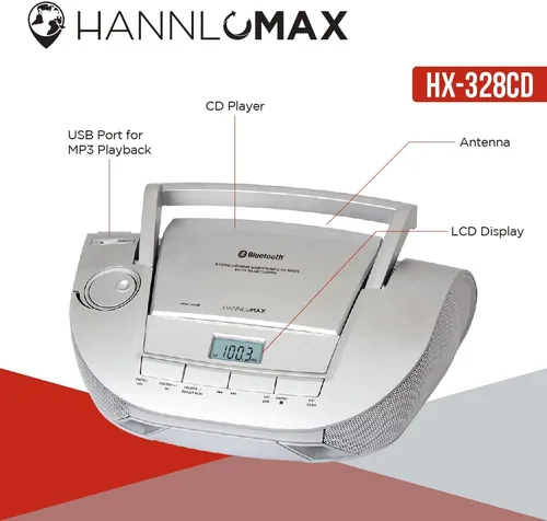 Vista 6 de HANNLOMAX Boombox de CD portátil HX-328CD con radio AM/FM, Bluetooth, puerto USB para reproducción de MP3, fuente de alimentación dual AC/DC Aux-in.