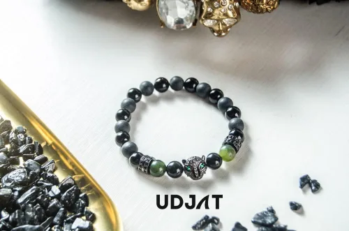 Vista 3 de Udjat Pulsera de cabeza de leopardo de pantera negra de la suerte, jade elástico hecho a mano, pulseras de chakras para mujer, pulsera de jade