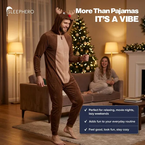 Vista 5 de SLEEPHERO Mono de forro polar para hombre, traje de unión con cremallera completa y capucha, pijama suave de una pieza para adultos Reno divertido