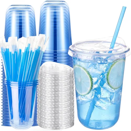 Vista 8 de Ziliny Paquete de 25 vasos de plástico transparente de 12 onzas con tapas para sorbos y pajitas, tazas desechables para café helado de cristal