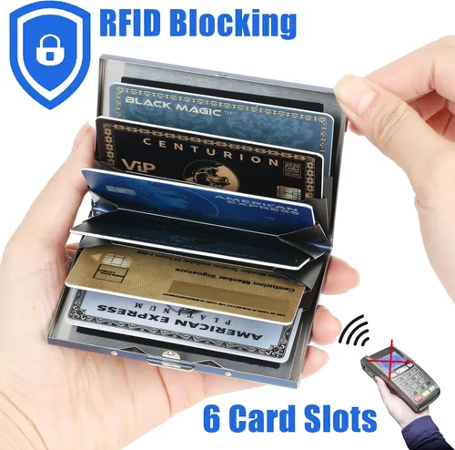 Vista 69 de BONSYL® Soporte para tarjetas de crédito, cartera delgada de metal con bloqueo RFID, con 6 ranuras para tarjetas, para mujeres y hombres.