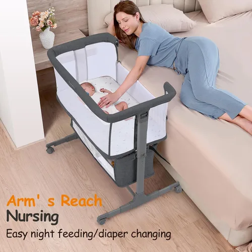 Vista 2 de Ezebaby Cuna junto a la cama para bebé, moisés portátil junto a la cama para recién nacidos con ruedas, cesta de almacenamiento, ajustable a 7 Gris
