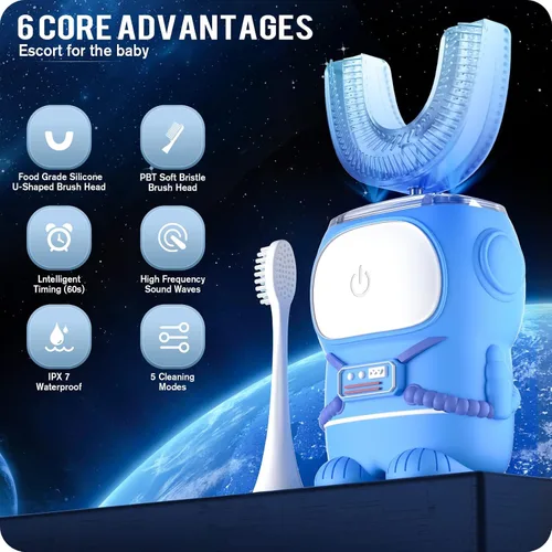 Vista 2 de RexCodar Cepillo de dientes eléctrico ultrasónico en forma de U para niños, IPX7 impermeable, cinco modos de limpieza, astronauta de dibujos