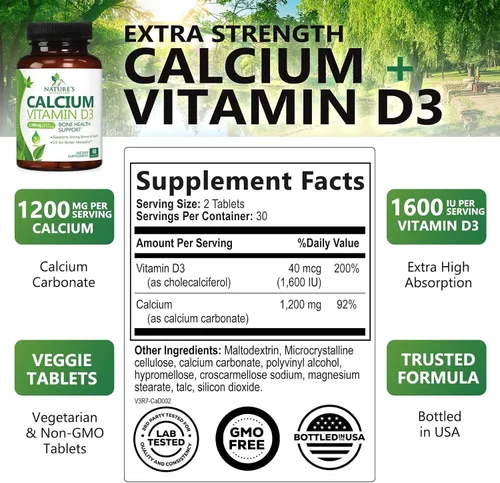 Vista 2 de Suplemento de calcio con vitamina D3-1200 mg de calcio por porción con D3 para una mejor absorción - Apoya la salud inmunológica, huesos y dientes