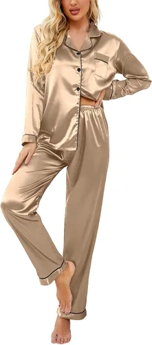 Vista 44 de Ekouaer - Conjunto de pijama de satén de seda clásico con botones para mujer, de manga larga Verde militar