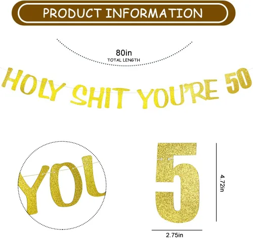 Vista 4 de Cartel de Holy Shit You're 50, pancarta de cumpleaños 50, decoración de fiesta de cumpleaños con purpurina dorada para hombre y mujer, divertidos