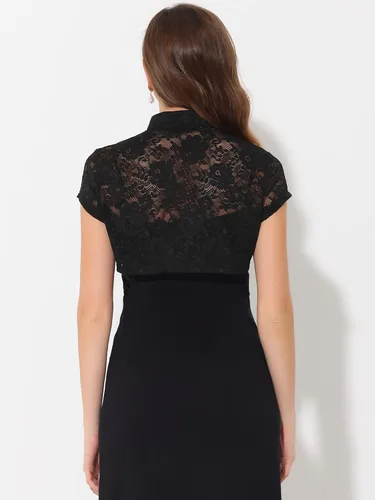 Vista 4 de Allegra K Cárdigan de encaje para mujer, cuello alto, corto y elegante