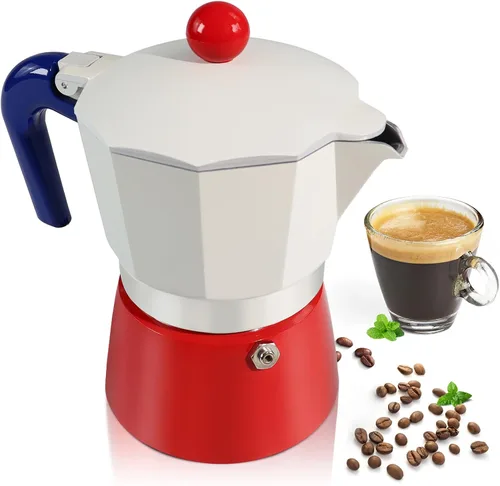 Vista 12 de Cafetera de aluminio con 3 tazas de 150ml (5.1 fl oz) Moka Pot Express, cafetera de café expreso para estufa, colorida cafetera italiana