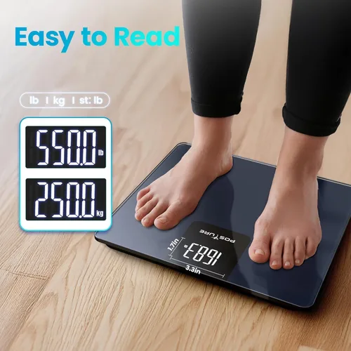 Vista 3 de Báscula digital de baño Posture con capacidad de 550 libras, báscula de peso corporal de alta precisión, plataforma extra ancha, pantalla LED grande
