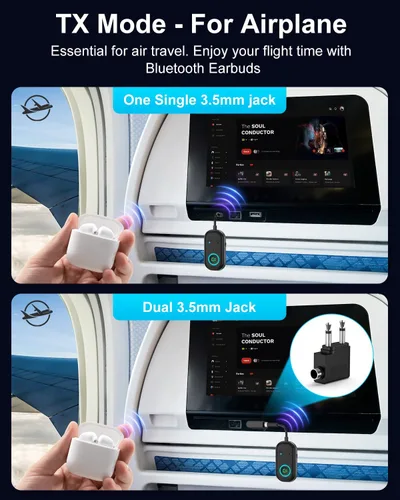 Vista 2 de Bomivoi Receptor transmisor Bluetooth 5.3, adaptador Bluetooth de avión para 2 auriculares, adaptador de audio inalámbrico para automóvil, llamada