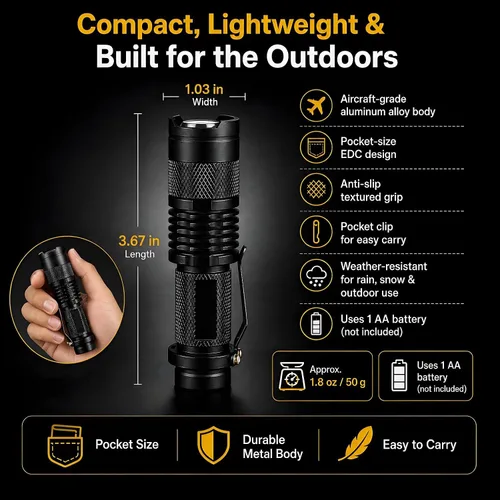 Vista 3 de 10 linternas LED de alta luz, mini linterna impermeable de bolsillo con 3 modos, enfoque ajustable zoomable para camping, senderismo