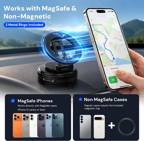 Vista 2 de Soporte magnético para teléfono para automóvil 2026, 3800gf MagSafe compatible con iPhone 17/16/15, Android, ventosa de 180+libras, soporte