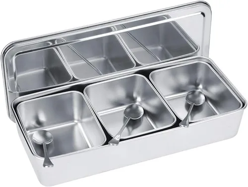 Vista 9 de Servidor de condimentos, tarro de condimentos de acero inoxidable de grado alimenticio de 21 onzas con cuchara y tapa, 3 compartimentos extraíbles