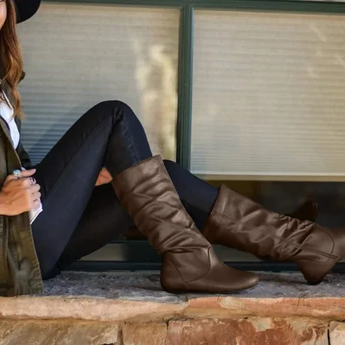 Vista 5 de katliu Botas holgadas de media pantorrilla, botas planas con cremallera para mujer