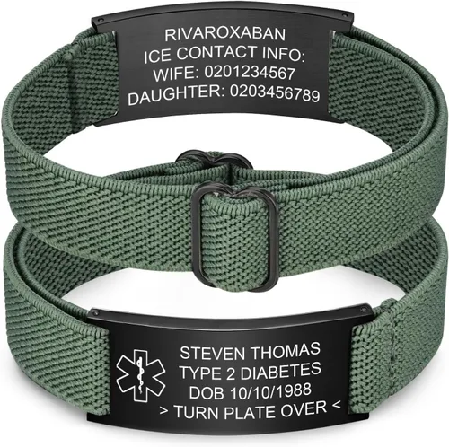 Vista 24 de Pulsera de alerta médica personalizada para hombres - Pulseras de identificación de acero inoxidable con correa elástica personalizada grabada