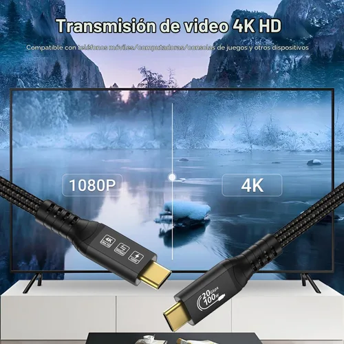 Vista 6 de Cable USB C de 16.5 pies 3.2 Gen 2X2 20Gbps, 5M tipo C 4K @60Hz UHD Video 5A/100W PD3.0 Cable de carga rápida con E-Marker compatible