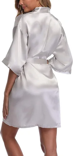 Vista 4 de Bata corta de satén para mujer, kimono, novia, dama de honor, albornoz de preparación, bata suave para dormir