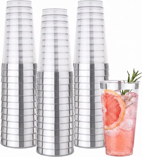 Vista 6 de Goodluck 50 piezas de vasos de plástico de 10 onzas para fiesta, vasos desechables plateados, vasos de cóctel de plástico para boda, Acción de Plata