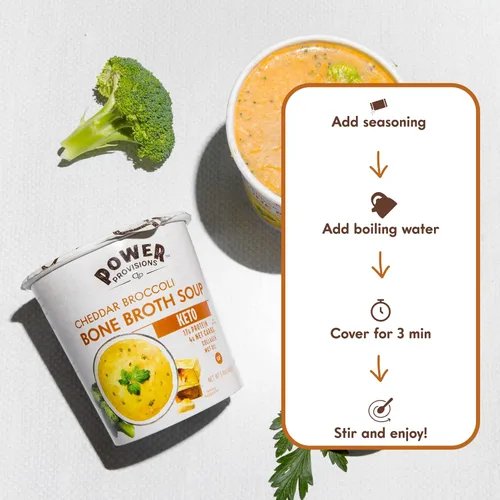 Vista 2 de Power Provisions Tazas de Caldo de Hueso de Cheddar y Brócoli - Taza de Sopa Instantánea Keto - Infundido con Colágeno y 17g de Proteína - Sopa Sin