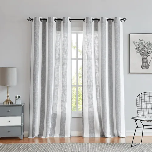 Vista 10 de Central Park Cortinas de Granja con Rayas Beige y Blancas Semi-Transparentes Mezcla de Rayón Textura de Lino Pesado Panel de Cortina para Ventana 6