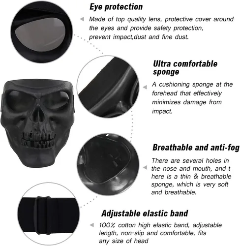 Vista 3 de Máscara de calavera espeluznante con lente polarizada para Airsoft, Paintball, Motor Racing
