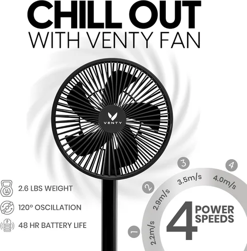 Vista 2 de VENTY Ventilador Portátil - Ventilador Operado por Batería Inalámbrico - 4 Velocidades - Iluminación LED - Estuche de Transporte y Control Remoto