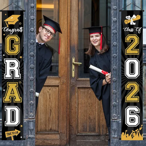 Vista 4 de Cartel de graduación 2026, decoraciones de graduación negro y dorado, letrero de porche de clase de 2026, decoración de puerta de felicitaciones