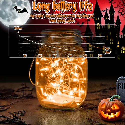 Vista 4 de Guirnalda de luces naranjas de Halloween, funciona con pilas, 7.2 pies, 20 luces LED, alambre de cobre plateado para Halloween, Navidad, decoración