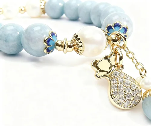 Vista 7 de RITIM Pulsera de aguamarina natural para mujer, pulsera de piedra de cristal curativo con perla, energía positiva, regalo de joyería de buena suerte