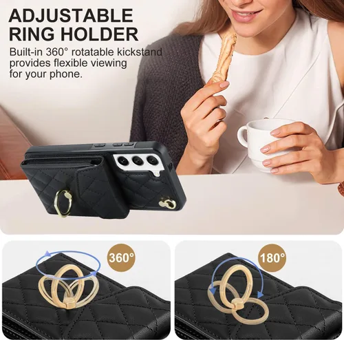 Vista 5 de Asuwish Funda de teléfono para Samsung Galaxy S21 FE 5G con protector de pantalla de vidrio templado y anillo cruzado con bloqueo RFID, tarjetero