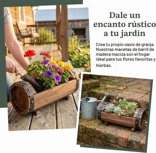 Vista 5 de DOITOOL Macetas de medio barril para exteriores, paquete de 2 macetas rústicas de madera maciza para plantas, juego de macetas de barril de vino