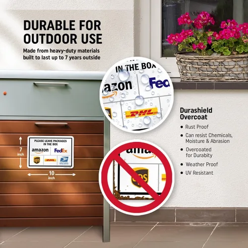 Vista 5 de SmartSign 7 x 10 pulgadas "Por favor, deje los paquetes en la caja - Amazon, FedEx, UPS, USPS" Letrero de instrucciones de entrega de metal