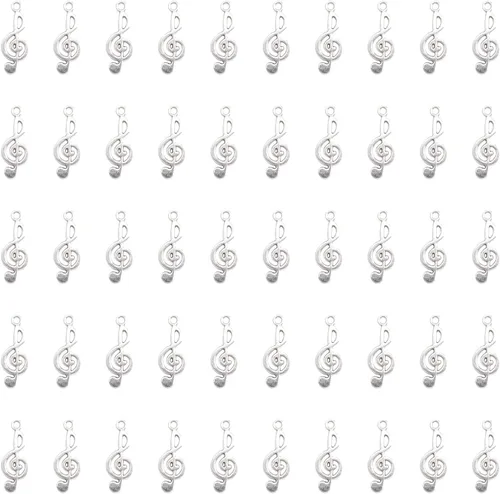 Vista 6 de 50 piezas de dijes de notas musicales de metal, símbolo de música vintage, elegante, elegante, instrumento, cuentas colgantes para manualidades