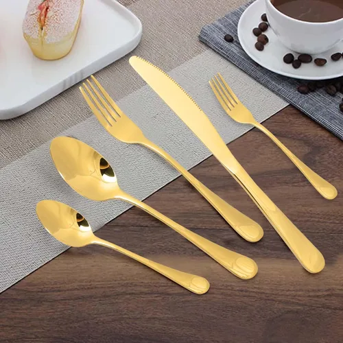 Vista 3 de Juego de cubiertos de acero inoxidable, juego de vajilla de 20 piezas, elegante cuchillo, tenedor, cuchara, cubiertos, servicio para 4 (dorado)