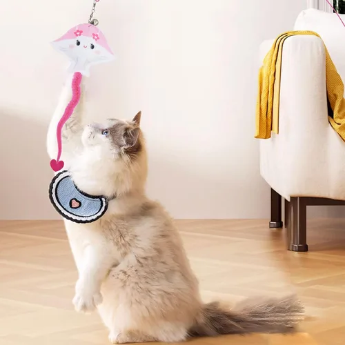 Vista 4 de Andiker Varita de juguete para gatos, palo flexible de 35 pulgadas de largo con bonita forma de pez, varita de campana, juguete interactivo