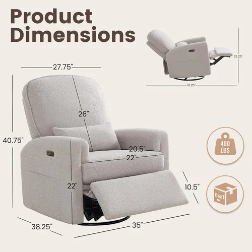 Vista 2 de Sillón reclinable giratorio con reposacabezas ajustable, sillón reclinable Gris
