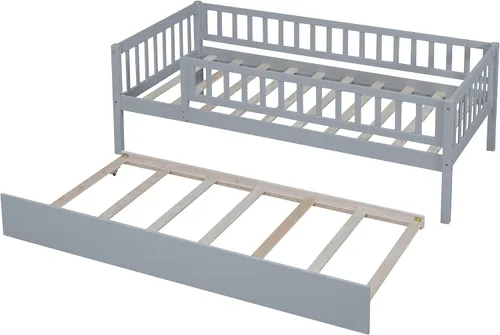 Vista 8 de Base de cama de tamaño individual con barandillas nido y vallas, camas infantiles de madera estilo Montessori con soporte de tablillas, sofá cama