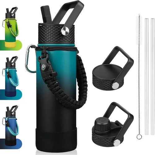 Vista 29 de BJPKPK - Botella de agua con tapa de popote, botellas de agua aisladas de 18 onzas con 3 tapas, asa de cuerda de paracaídas y base antideslizante