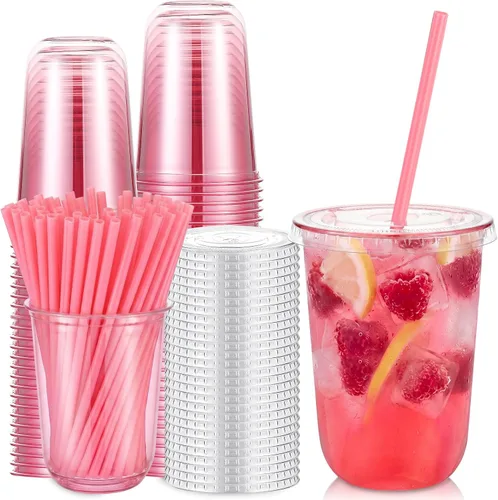 Vista 12 de Ziliny Juego de 50 vasos de plástico de paja negra con pajitas y tapas en forma de corazón, tazas desechables para café helado, mascotas